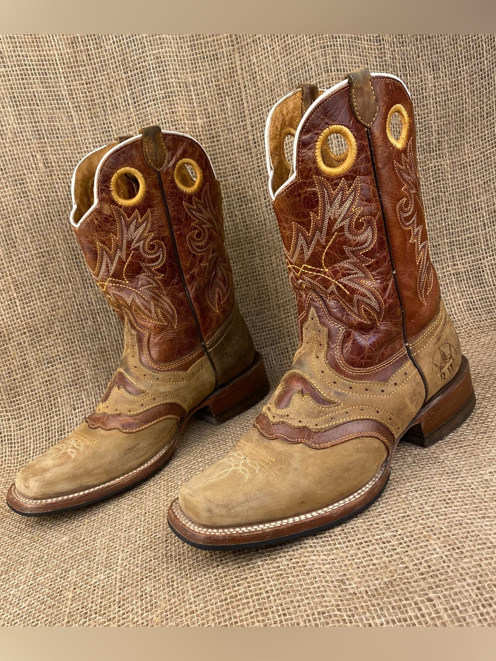 WOMENS WESTERN SQUARE TOE BOOT VINTAGE TAN BROWN GENUINE LEATHER MEXICO 7.5 EE